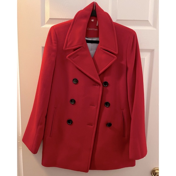 Calvin Klein Jackets & Blazers - ❣️Calvin Klein Red Classic Winter Fall Autumn 100% Wool Pea Coat Size 10 Large❣️